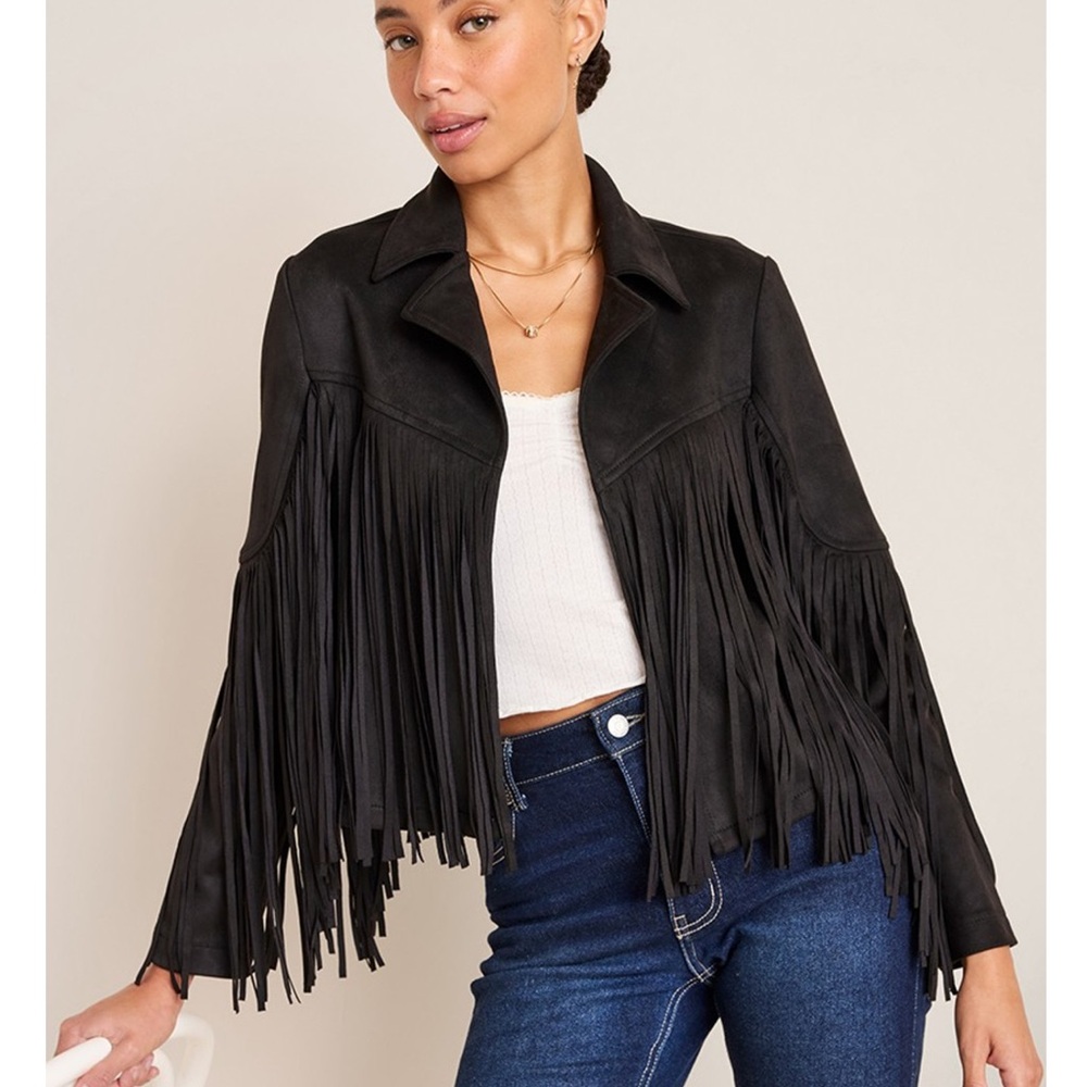 Francesca's Collections Black Velvet Fringe Jacket